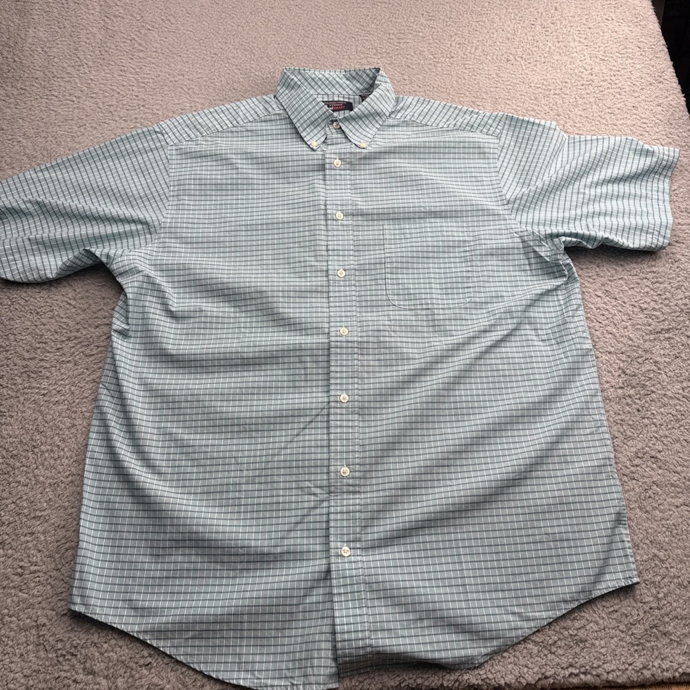 TravelSmart Shirt Men XLT S/S Green Blue Roundtree & Yorke Casual Button Down